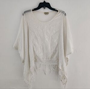 One World Sheer Floral Embroidered Knit Fringe Boho Poncho Cream White Large